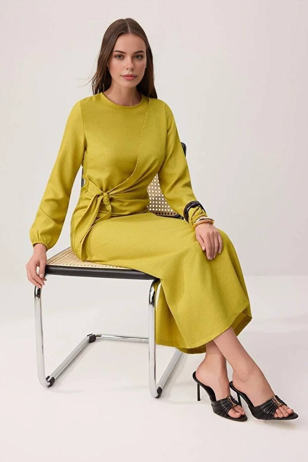 Hoxton Gal Linen Look Long Sleeve Maxi Dress With Waist Tie Detail In Olive