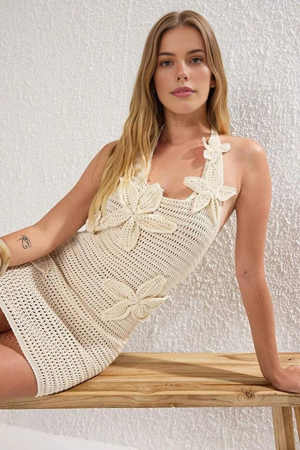Wovcor Floral Crochet Halterneck Mini Beach Dress Cover Up In Ecru