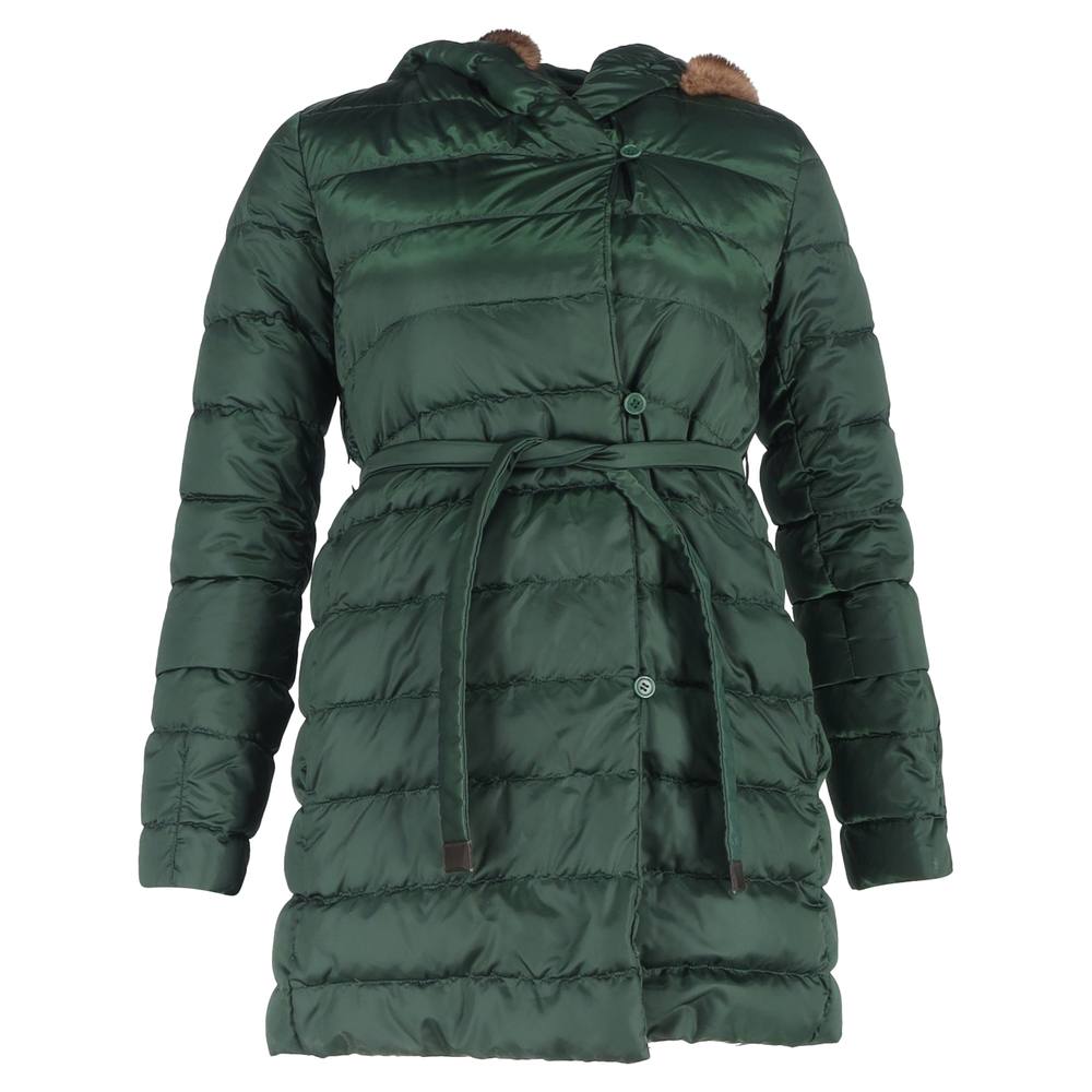 Max Mara Women's Preloved Belted Fur Trim Down Jacket in Green Polyamide in Olive