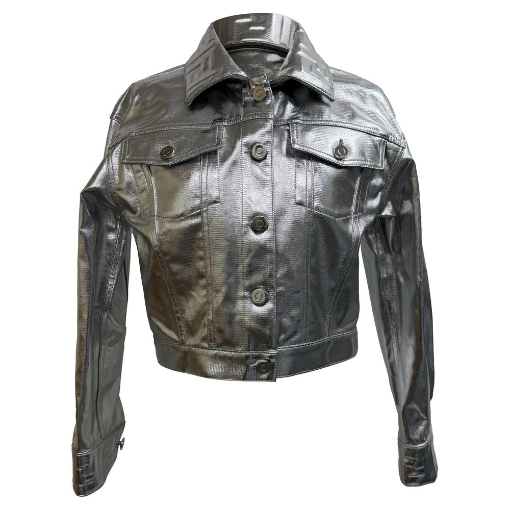 Fendi Women's Preloved Cropped Denim Jacket in Metallic Silver Cotton