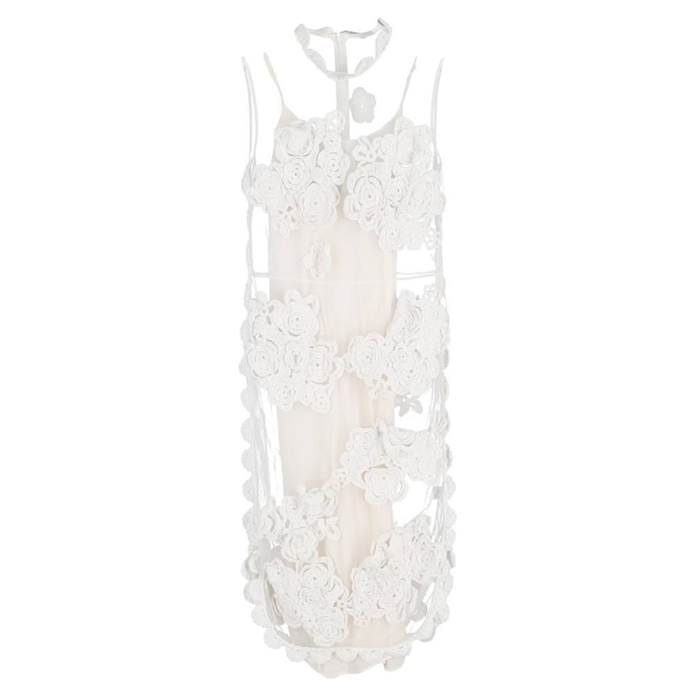 Simone Rocha Women's Preloved Floral-Applique Mesh Midi Dress in White Polyester in Ecru