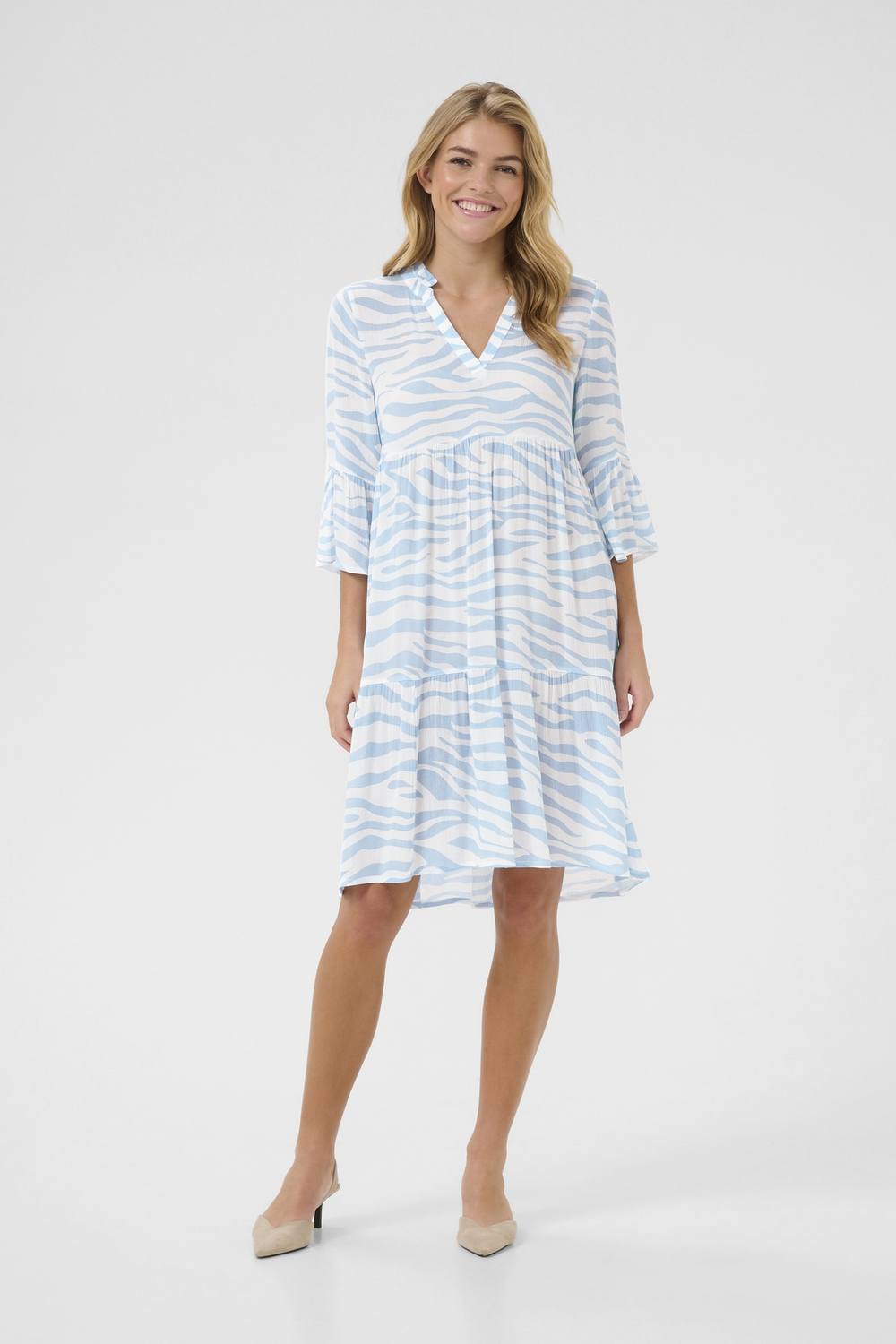 Kaffe Edita Tiered Knee-Length V-Neck Dress In Baby Blue