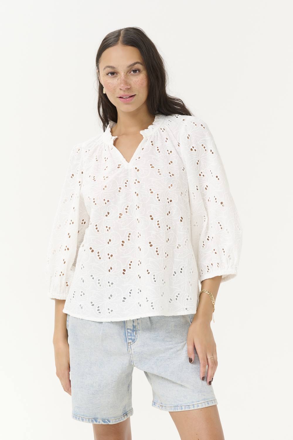 Kaffe Katessa Cotton V-Neck Sleeve Blouse In Natural White