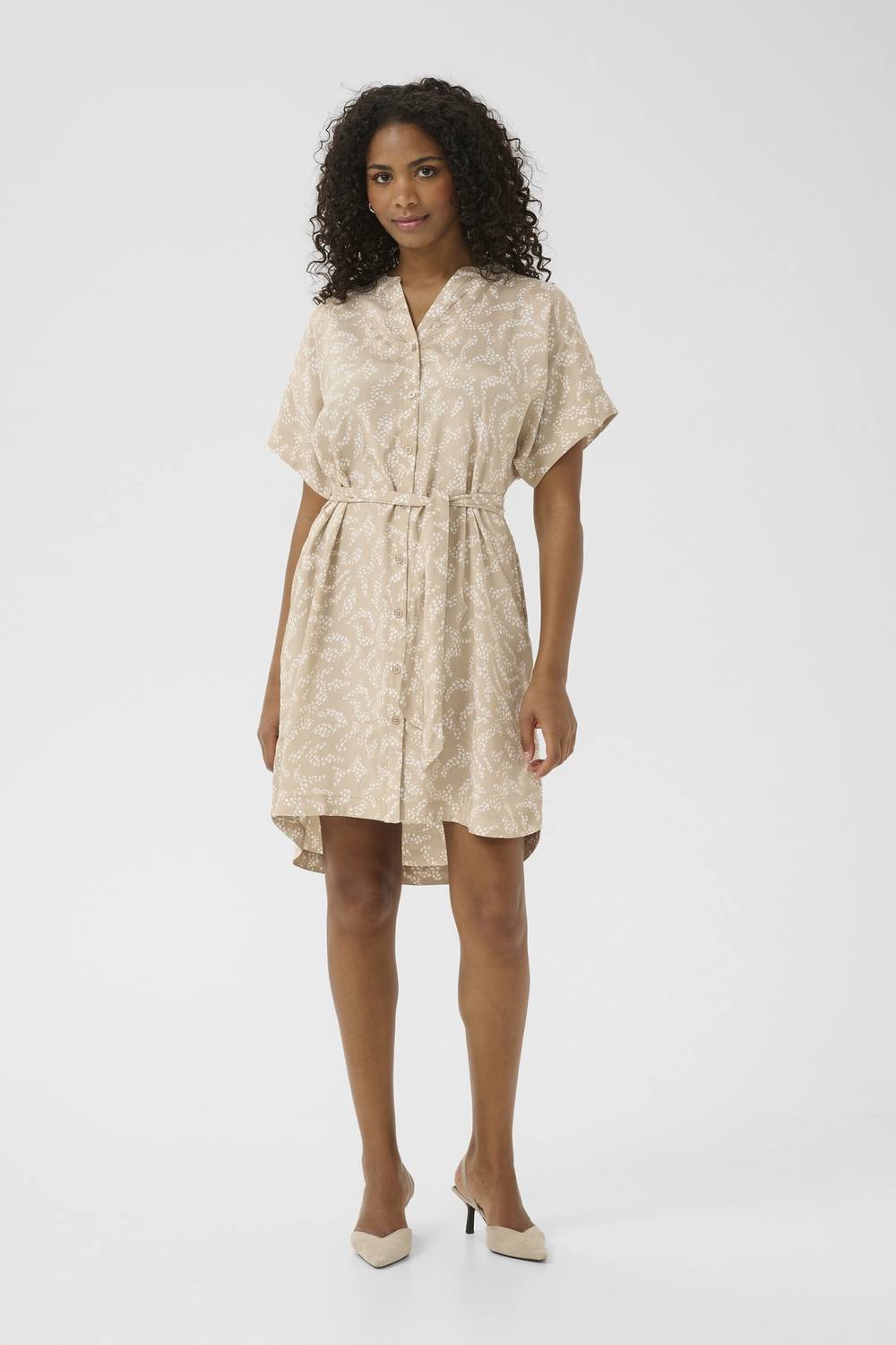 Kaffe Kabarton Tie Waist Shirt Mini Dress In Light Beige