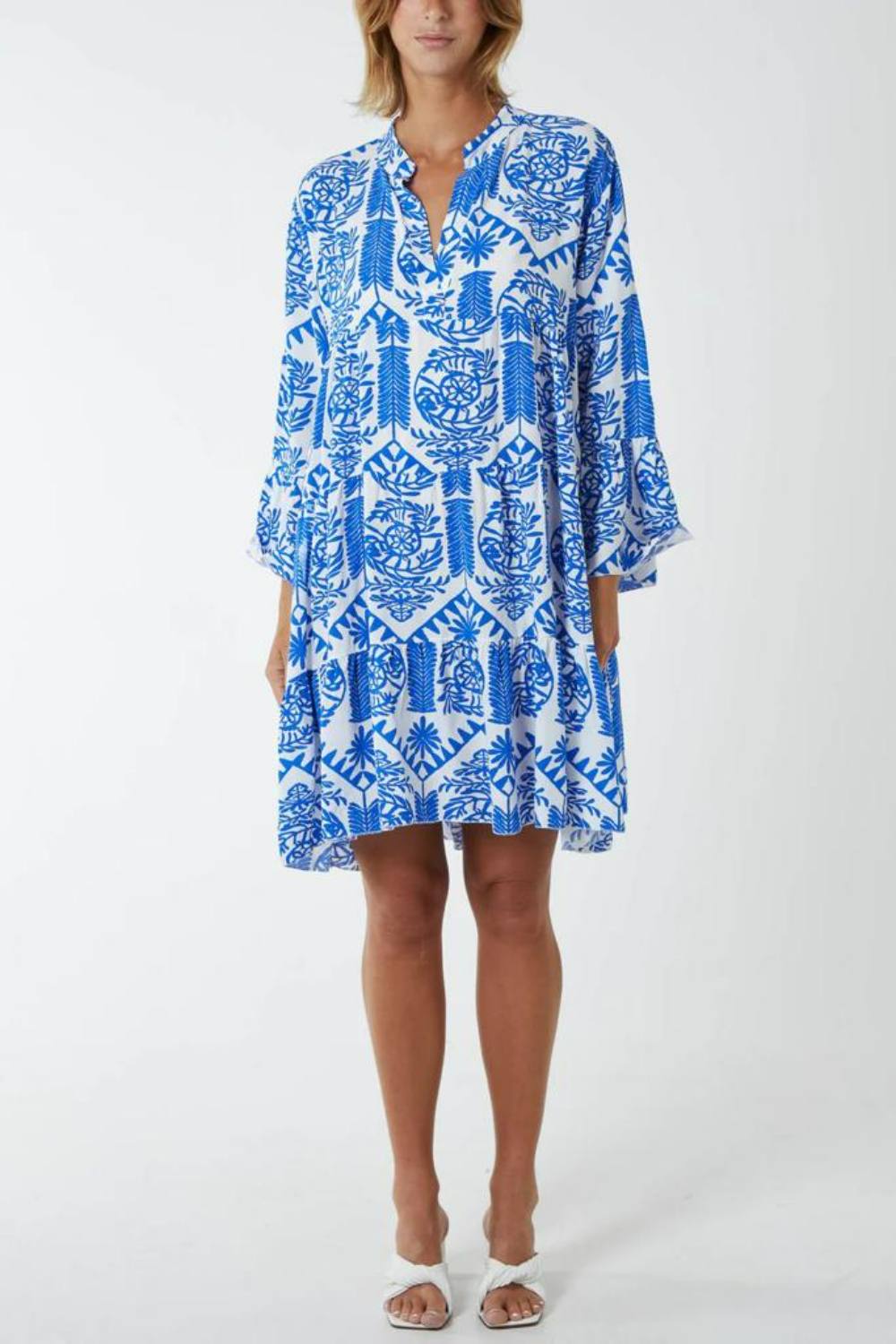 Hoxton Gal Oversized Long Sleeves Printed Smock Dress In Blue