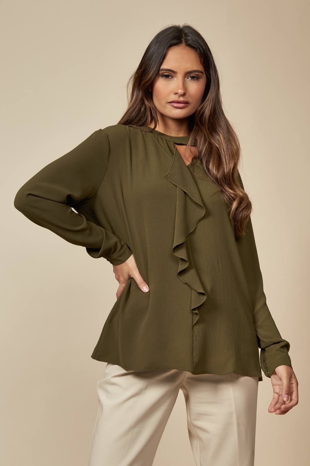 Hoxton Gal Oversized Long Sleeves Frill Front Blouse With Detailed Neckline In Khaki
