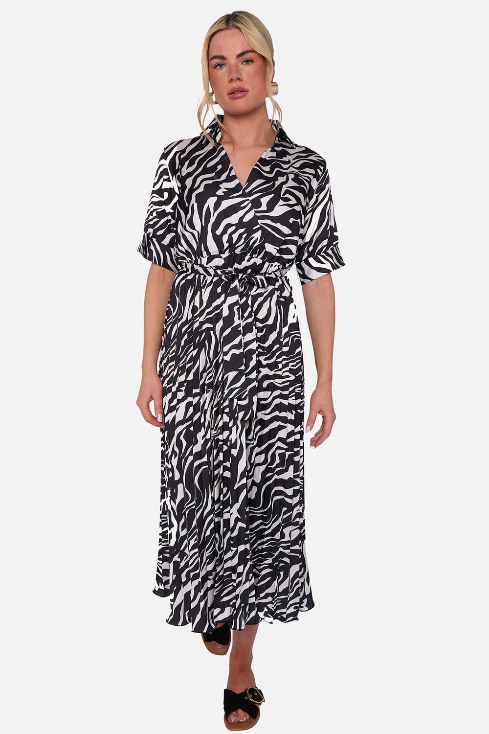Gini London Black Zebra Pleated Belted Wrap Midi Dress