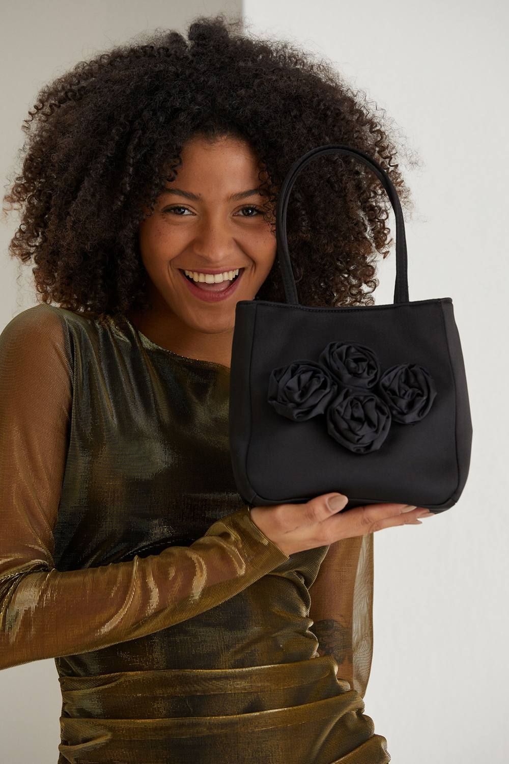 Belissh Women's Floral Satin Handbag with Detachable Crossbody Strap in Black