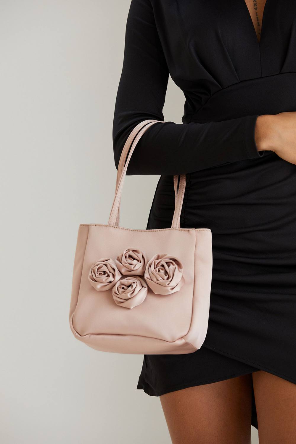 Belissh Women's Floral Satin Handbag with Detachable Crossbody Strap in Nude