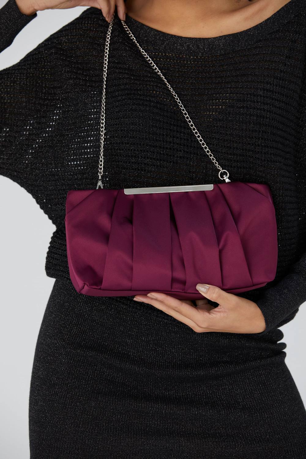Belissh Women's Pleated Satin Clutch Bag with Detachable Strap in Burgundy
