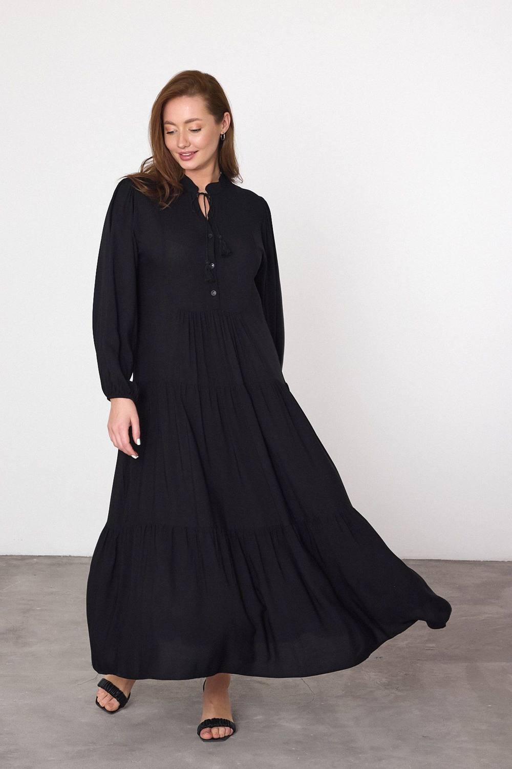 Belissh Women's Tiered Maxi Dress with Tie Neck Detail in Black