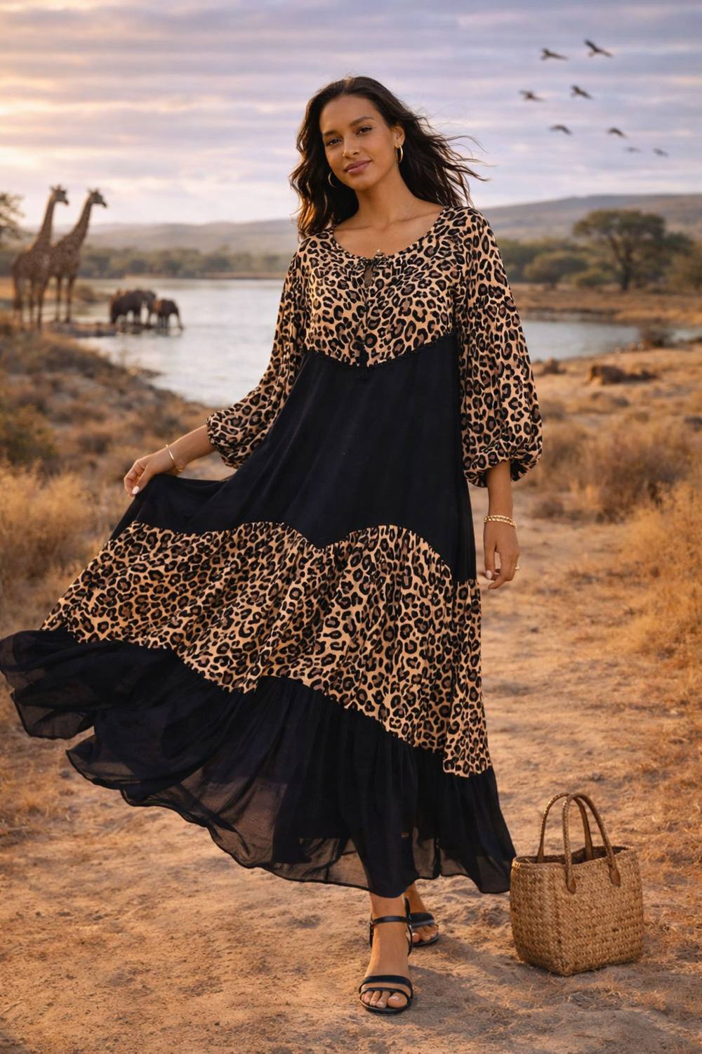 Belissh Women's Abstract Panel Maxi Dress in Leopard Print in Black