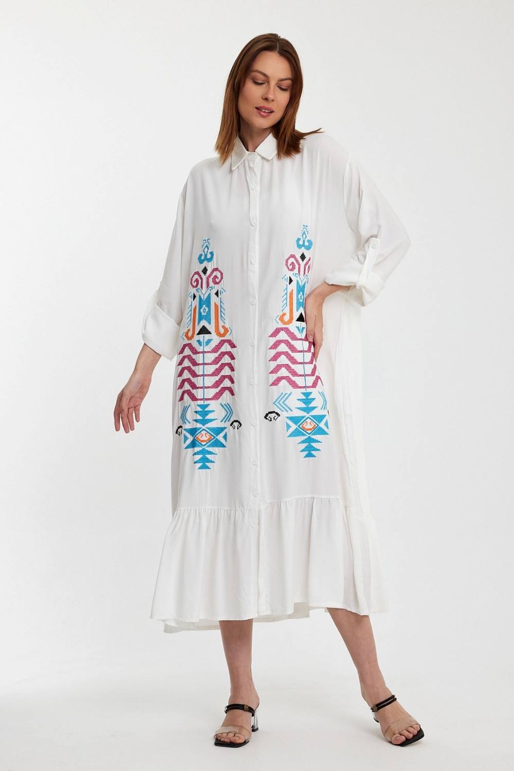 Belissh Women's Embroidered Tiered Midi Dress with Button-Through Front in White