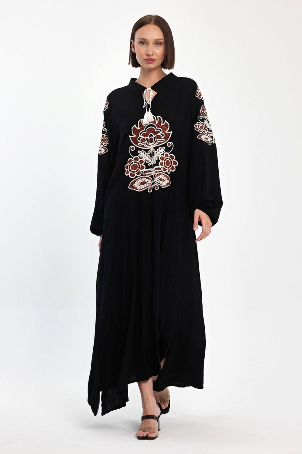 Belissh Women's Embroidered Maxi Dress with Tie Neck Detail in Black