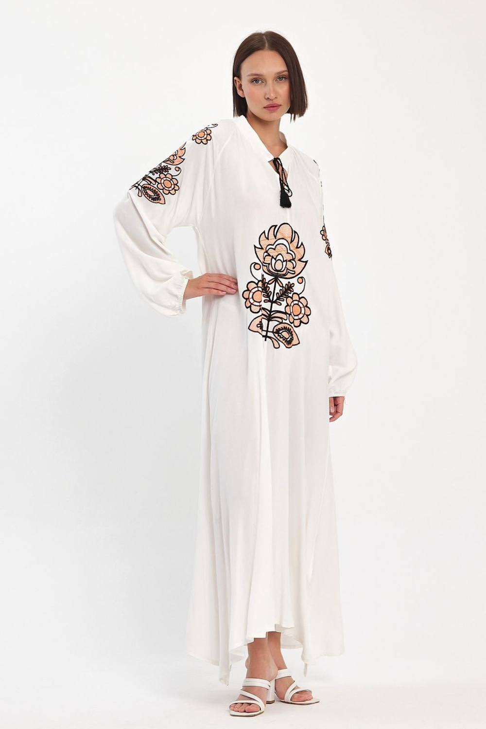 Belissh Women's Embroidered Maxi Dress with Tie Neck Detail in White