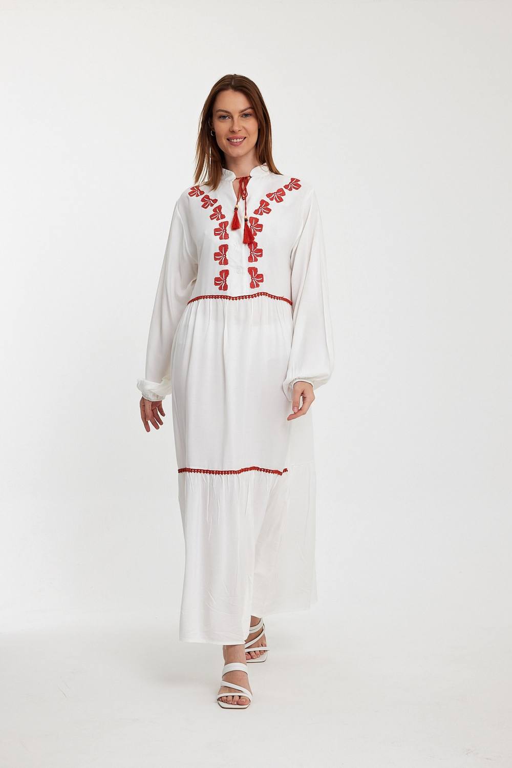 Belissh Women's Embroidered Tiered Maxi Dress with Tassel Detail in White