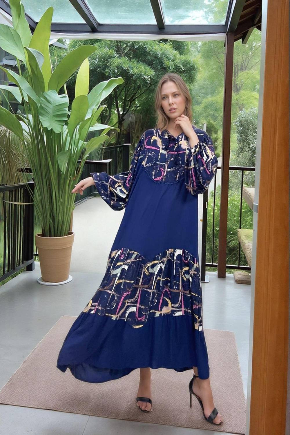 Belissh Women's Abstract Panel Maxi Dress in Navy Blue