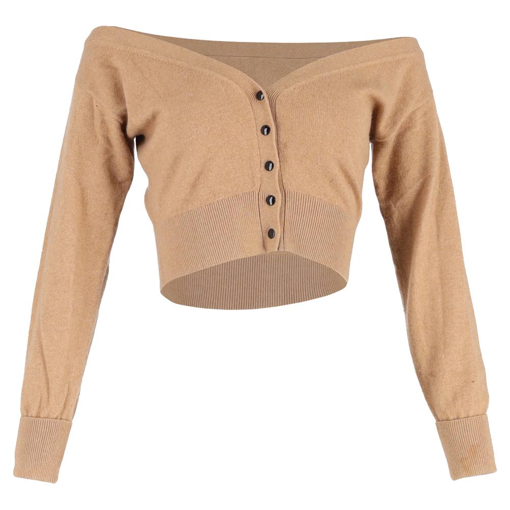 Alexander Wang Women's Preloved Sheer Yoke Cropped Cardigan Sweater in Brown Wool in Light Brown