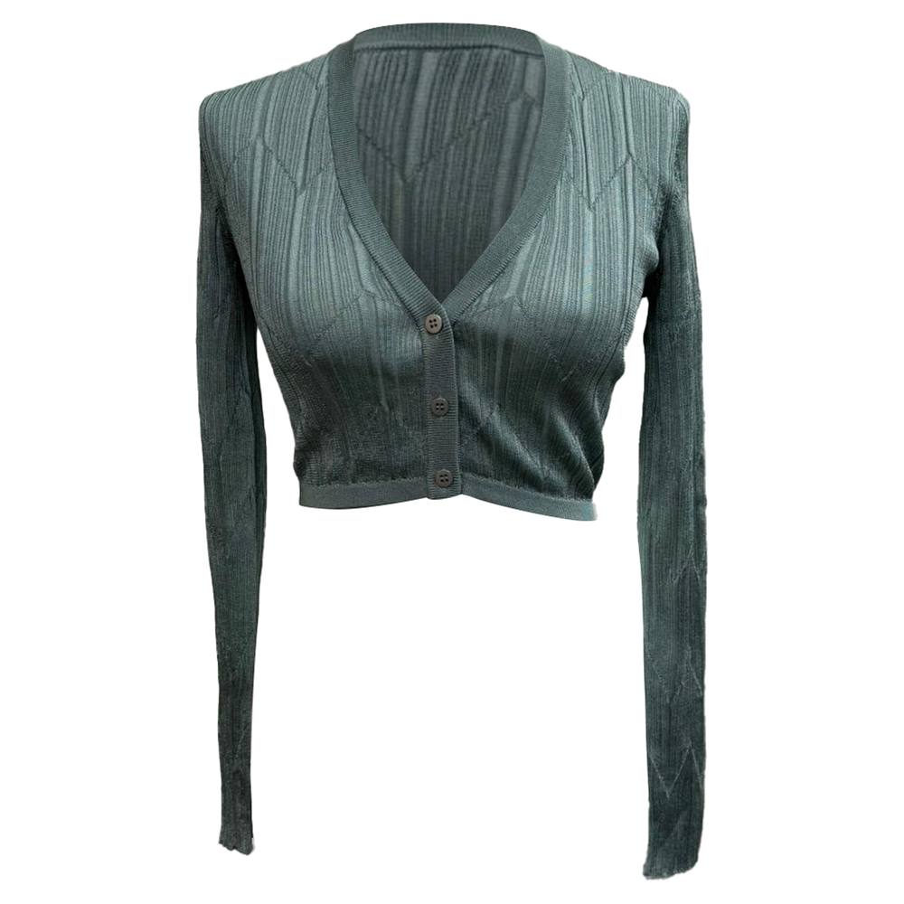M Missoni Women's Preloved Stripe-Knit Cropped Cardigan Sweater in Green Viscose in Olive