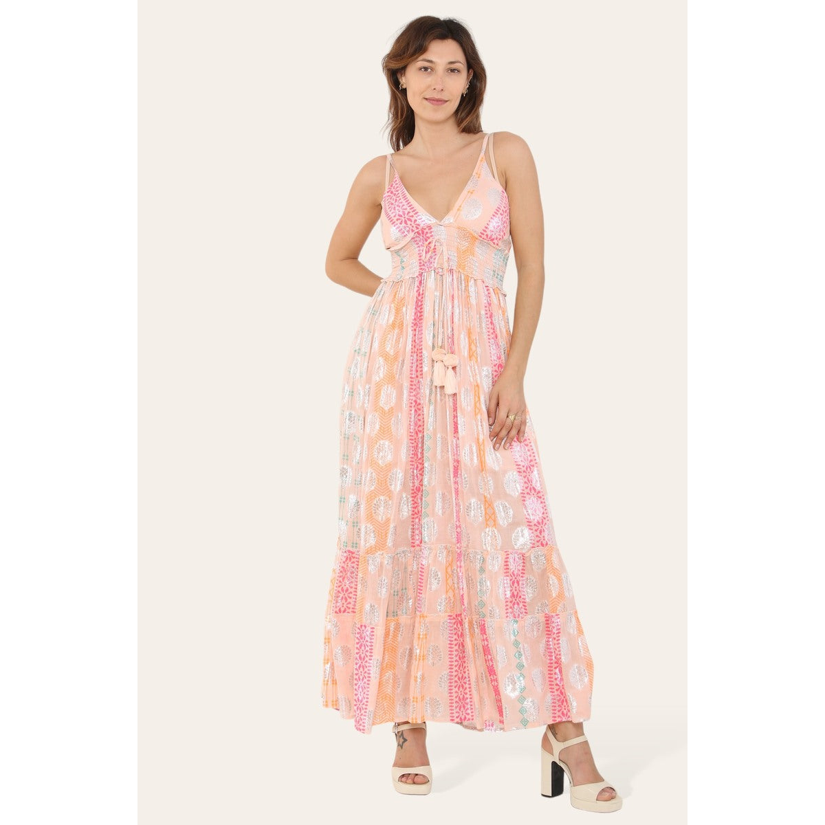 Elegant Long Strappy Dress with Silver Circular Print