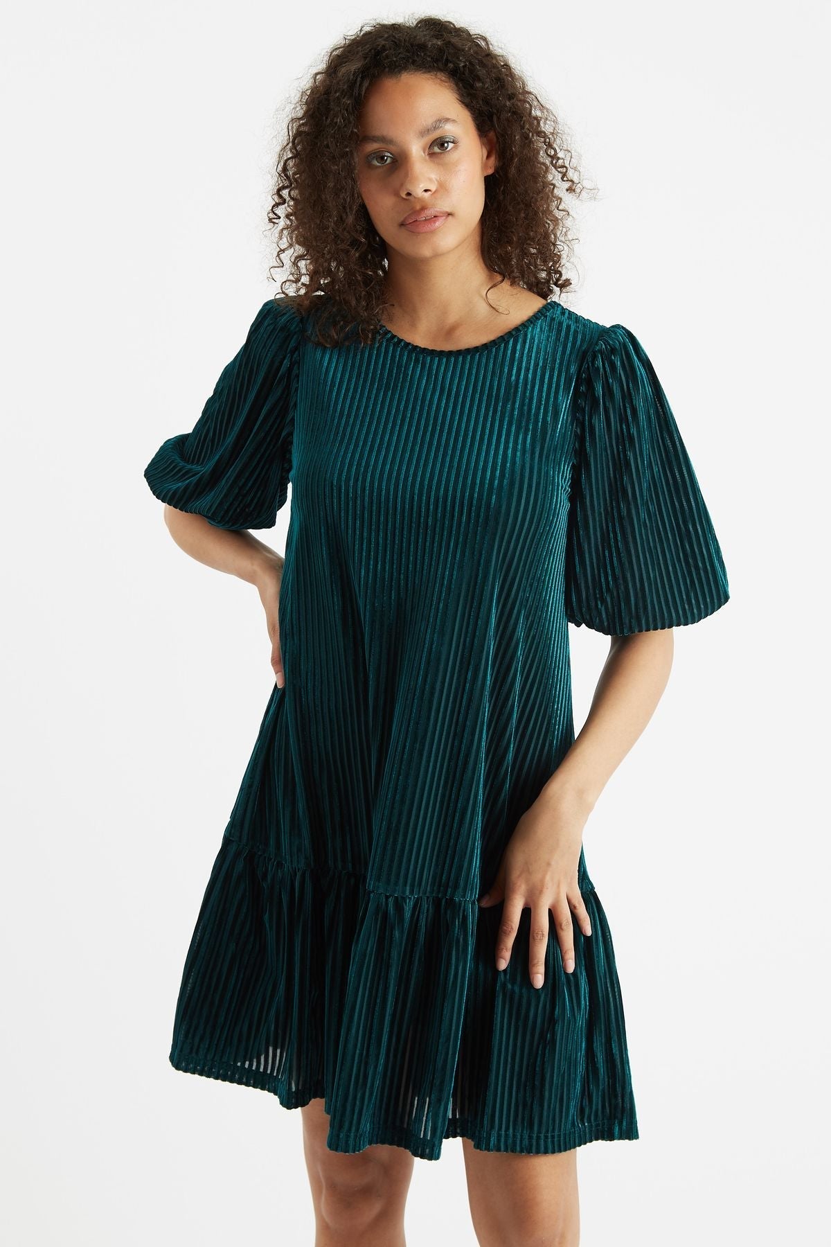 Louche Meloe Velvet Stripe Tiered Mini Dress - Teal