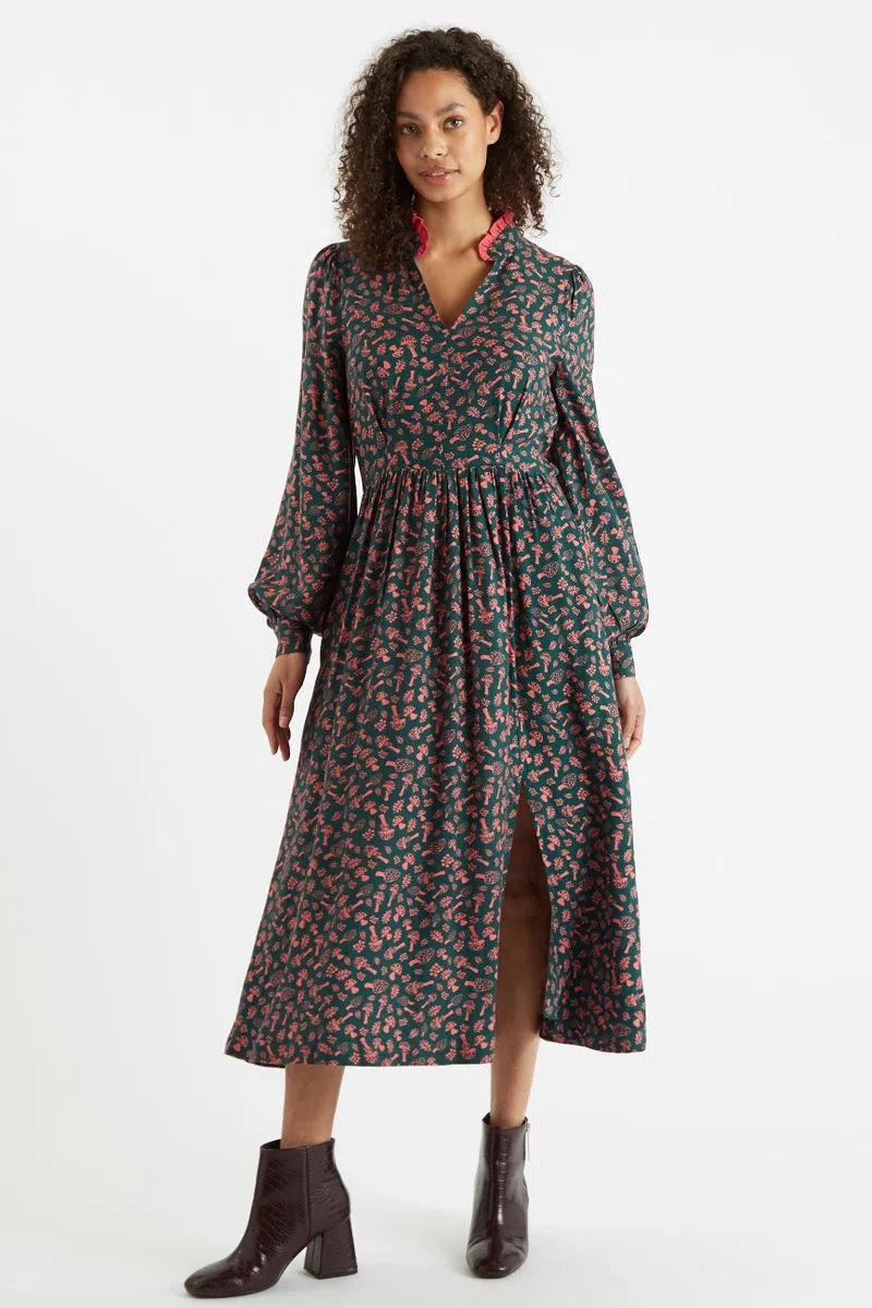 Louche Minna Mushroom Magic Print V Neck Midi Dress - GreenPink
