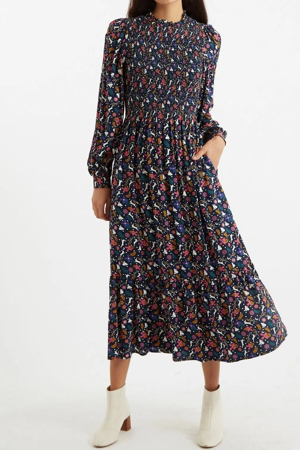 Louche Peppi White Rabbit Print Smocked Bodice Midi Dress - Navy