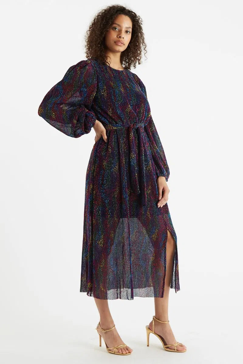 Louche Roza Plisse Foil Print V Back Midi Dress - Multicolour