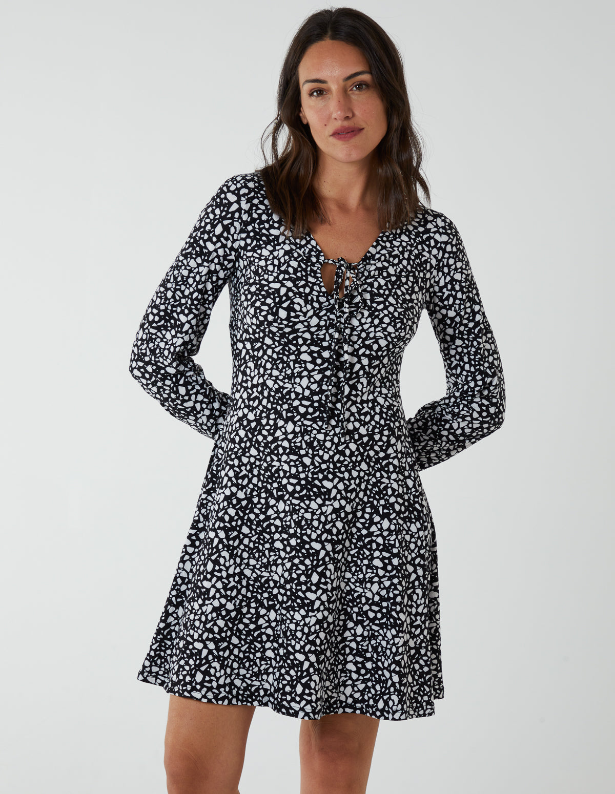 Tie Neck Fit And Flare Mini Dress - BLACK PATTERN