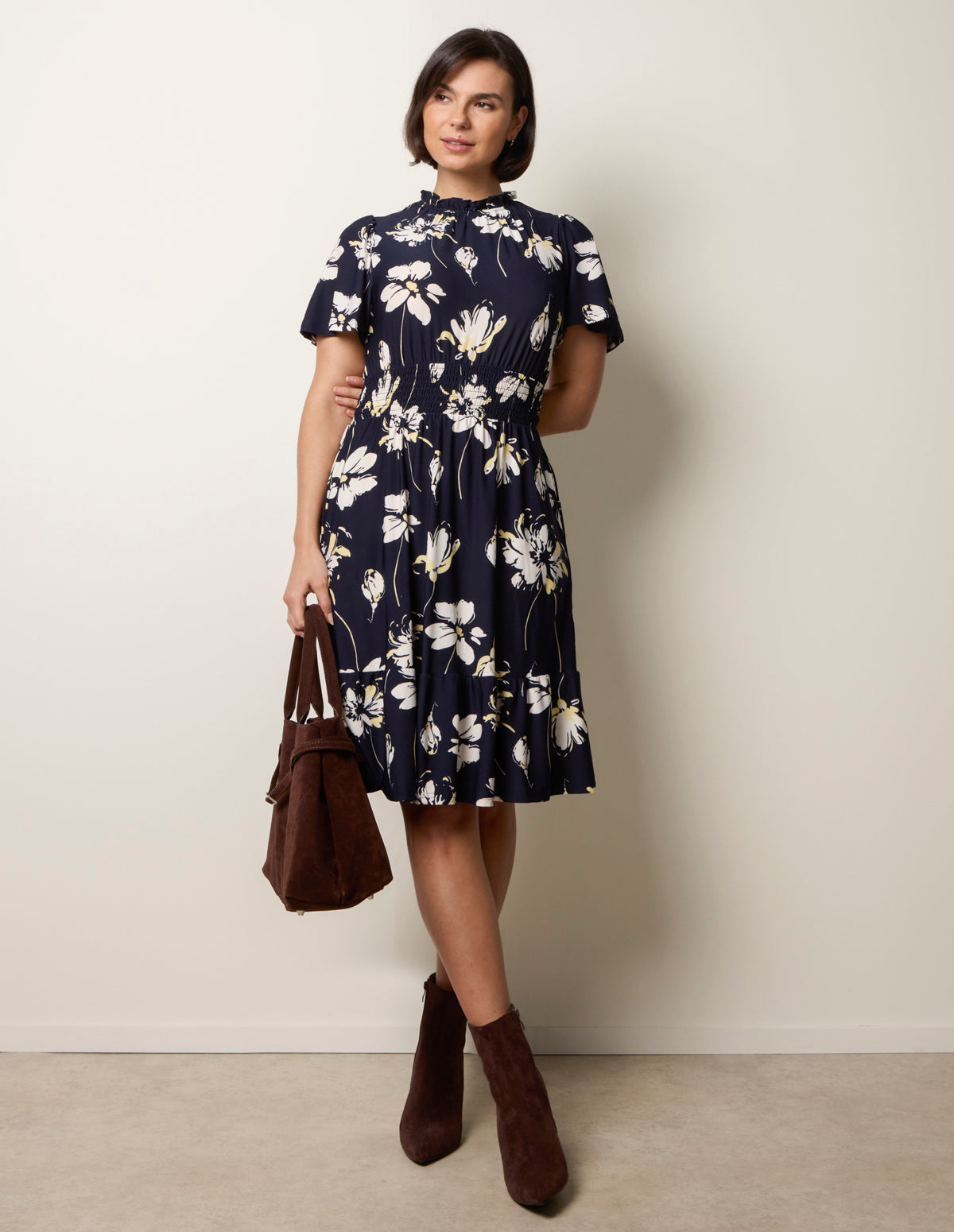 Elasticated Frill High Neck Floral Mini Dress - ML NAVY