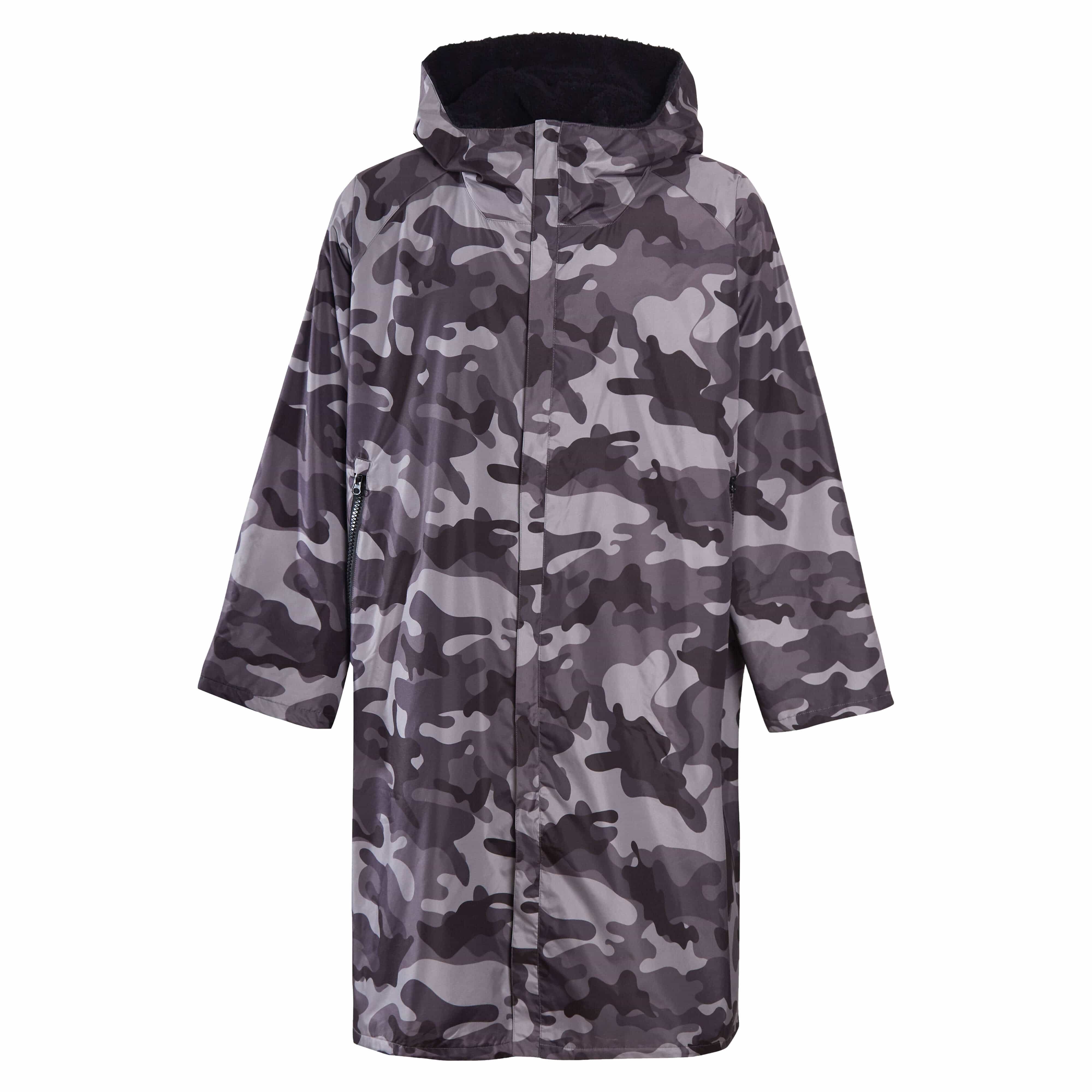 Unisex Adults Waterproof Windproof Changing Robe Hooded Outdoor Coat for Beach Swimming Surfing Warm Fleece Lining by Heatwave - GREY CAMO L