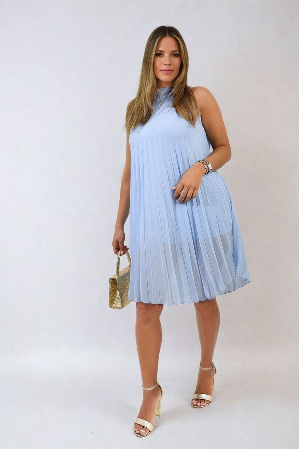 Davina Pleated Halter Neck Mini Dress - Effortlessly Chic and Timelessly Elegant - SM SKY BLUE