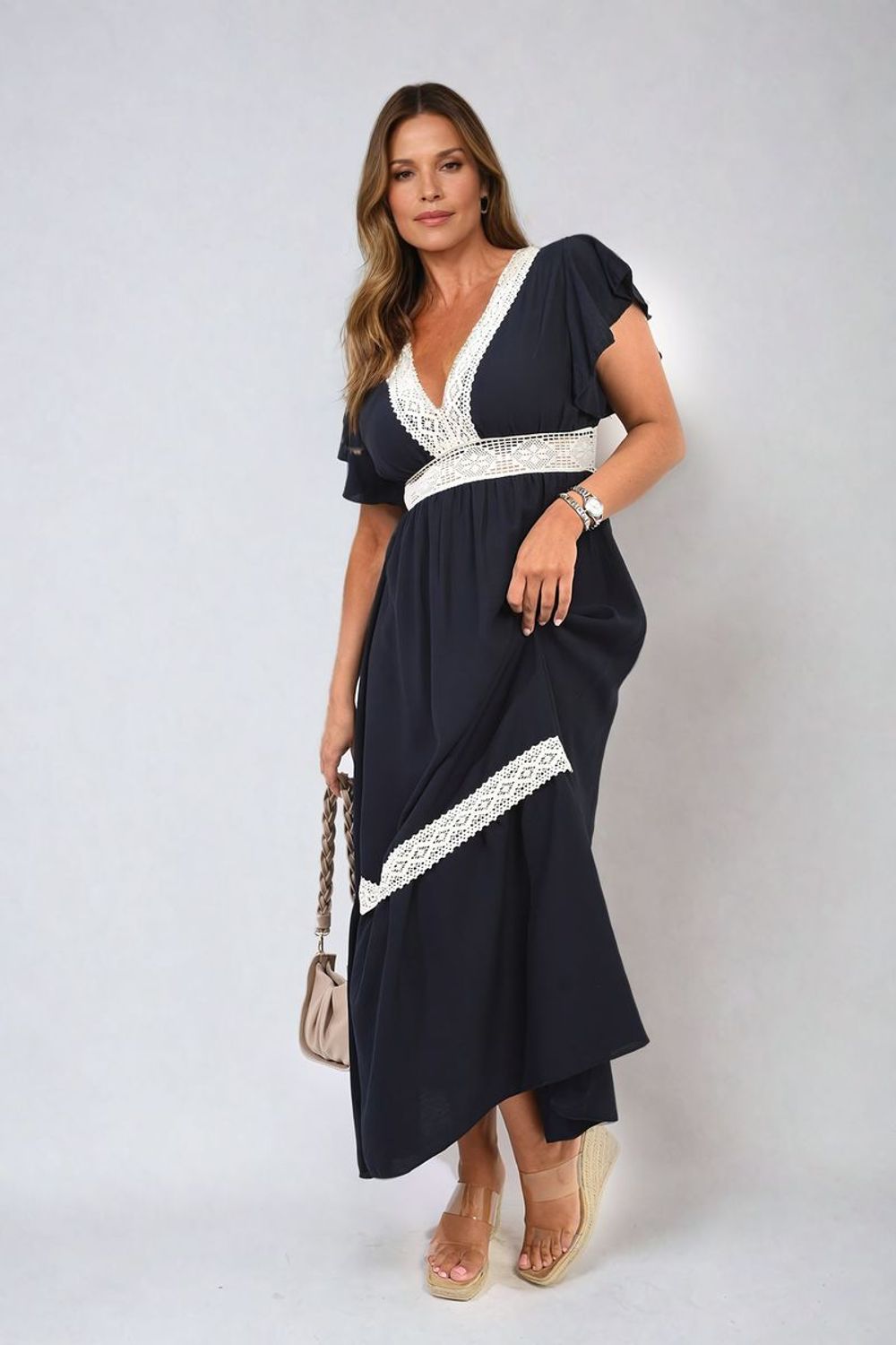 Timeless Elegance: V-neck Lace Trim Maxi Dress - SM Navy