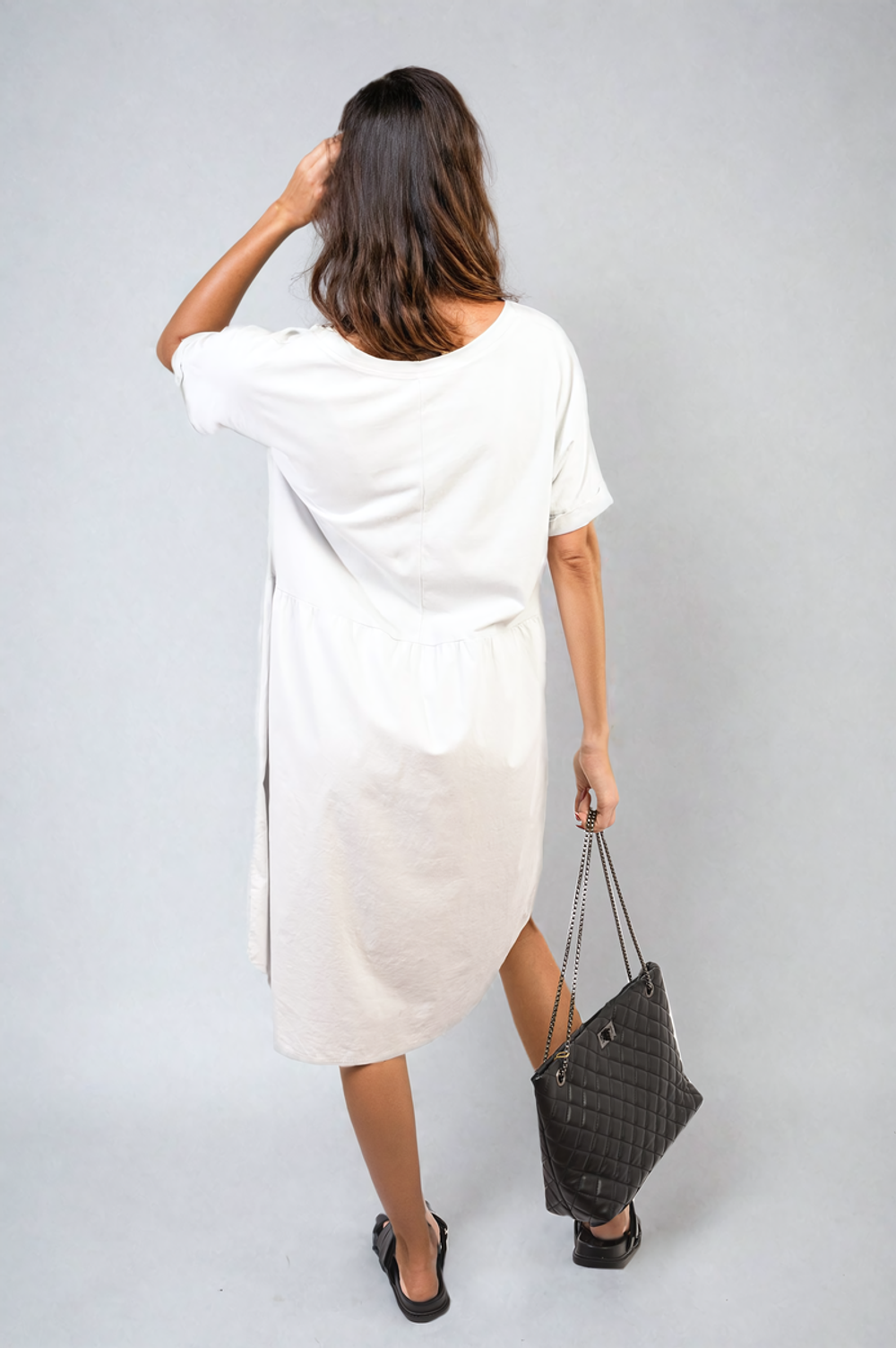 Short Sleeve Button Front Midi Dress - ML Light Grey
