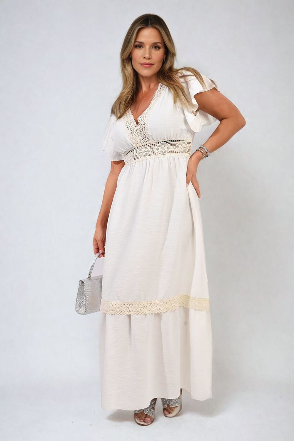 Timeless Elegance: V-neck Lace Trim Maxi Dress - ML White