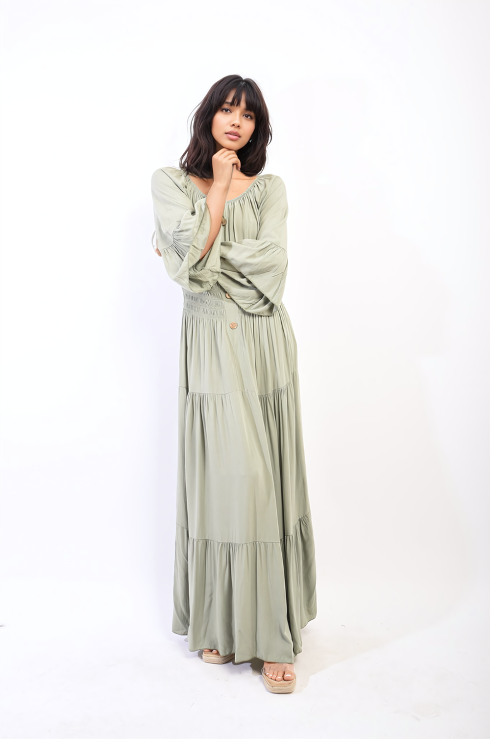 Leah Ruffle Hem Sleeve Shirred Waist Tiered Maxi Dress - ML Khaki