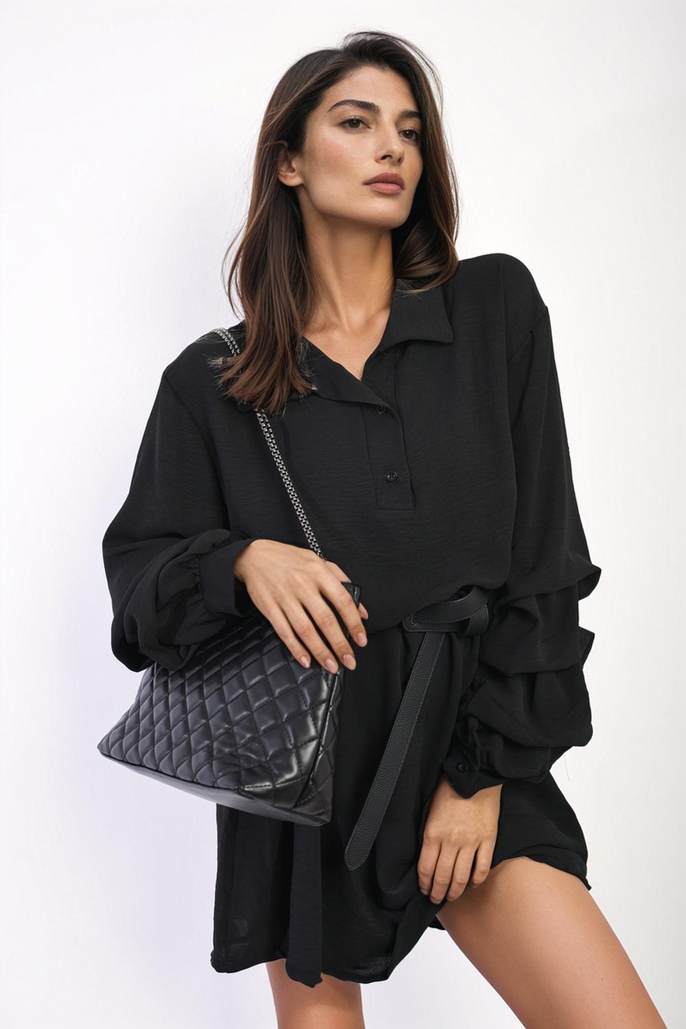 Elegant Susana Ruffle Sleeve Dress - Button Front Blouse with Pockets - SM Black