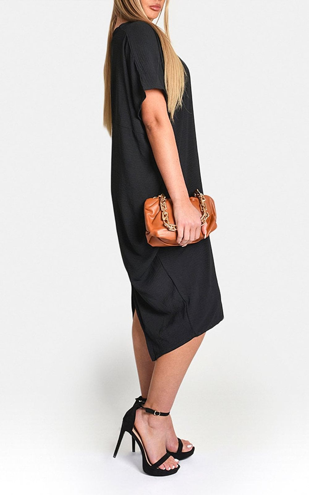 Timeless V-Neck Midi Dress: Half-Sleeve & Flattering Design - One Size - Orange