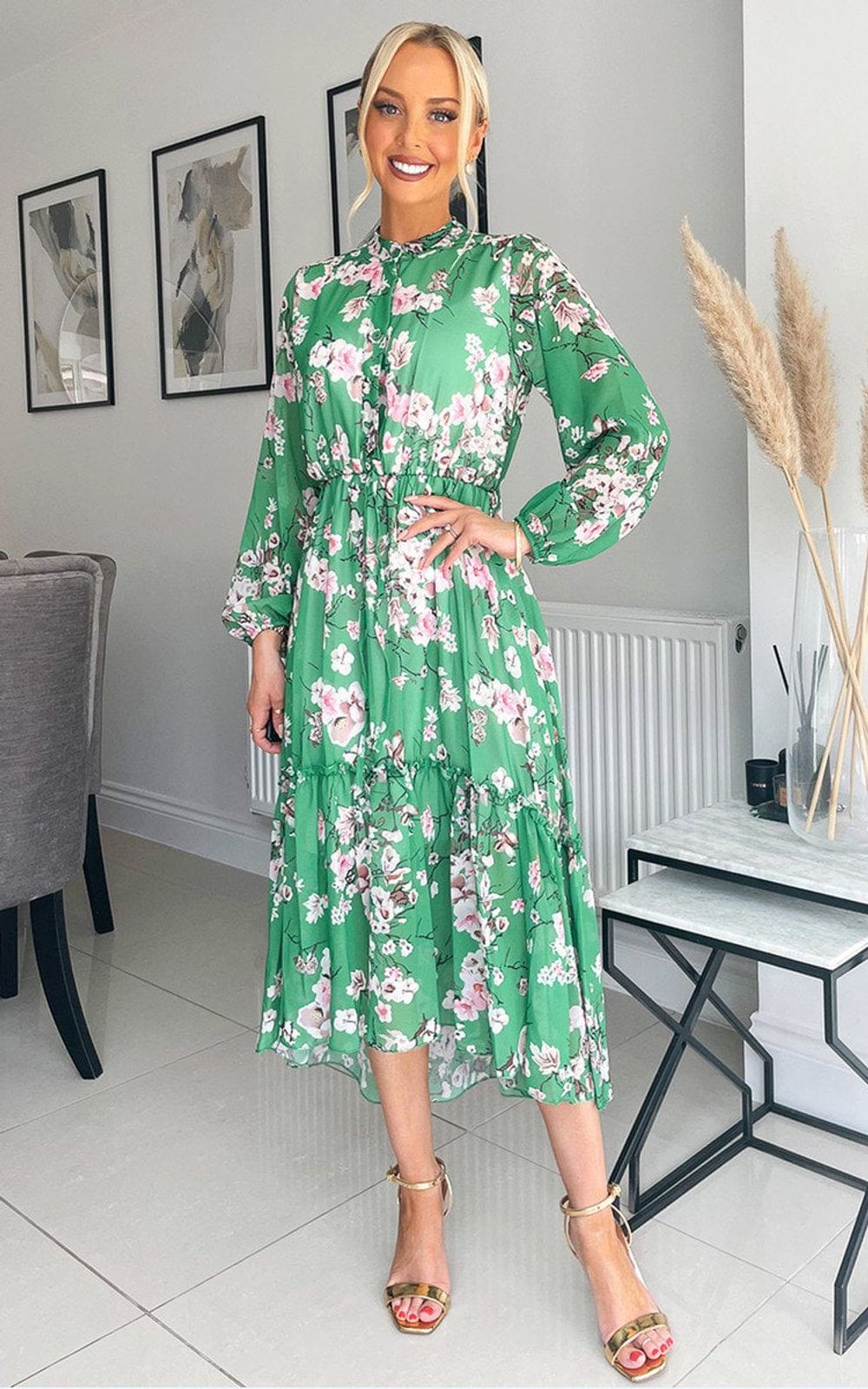 Standout Floral Tiered Midi Dress - ML Green