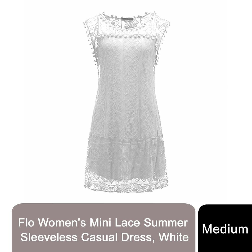 Flo Women's Mini Lace Summer Sleeveless Casual Dress or Midi Casual Dress - M White