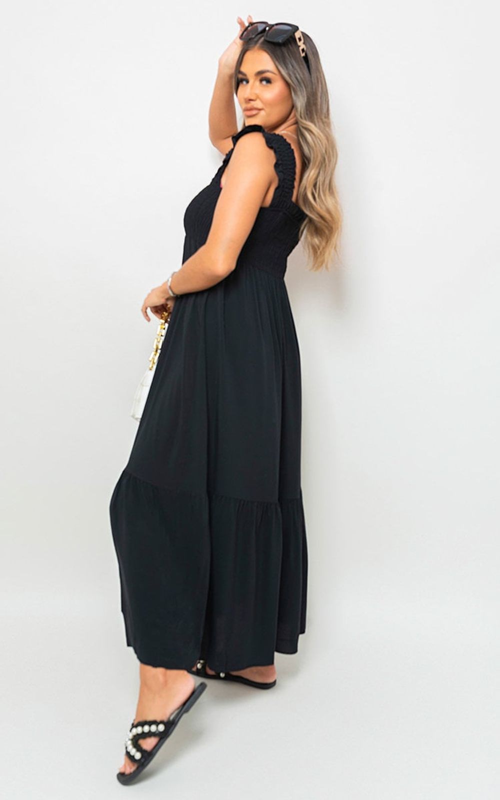 Wide Ruffle Strap Smocked Midi Dress - ML Green