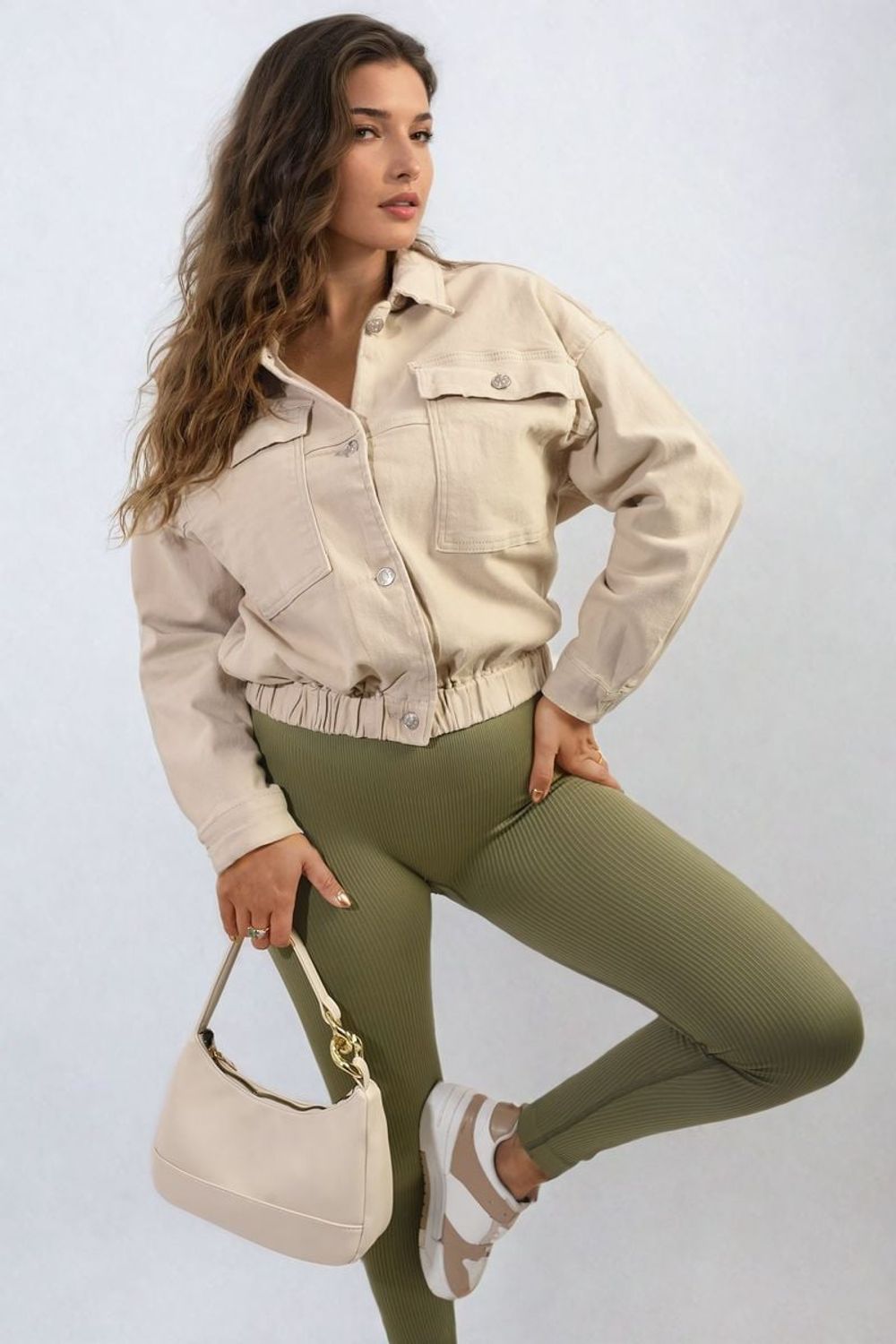 Cropped Button Jacket with Front Pockets - Beige