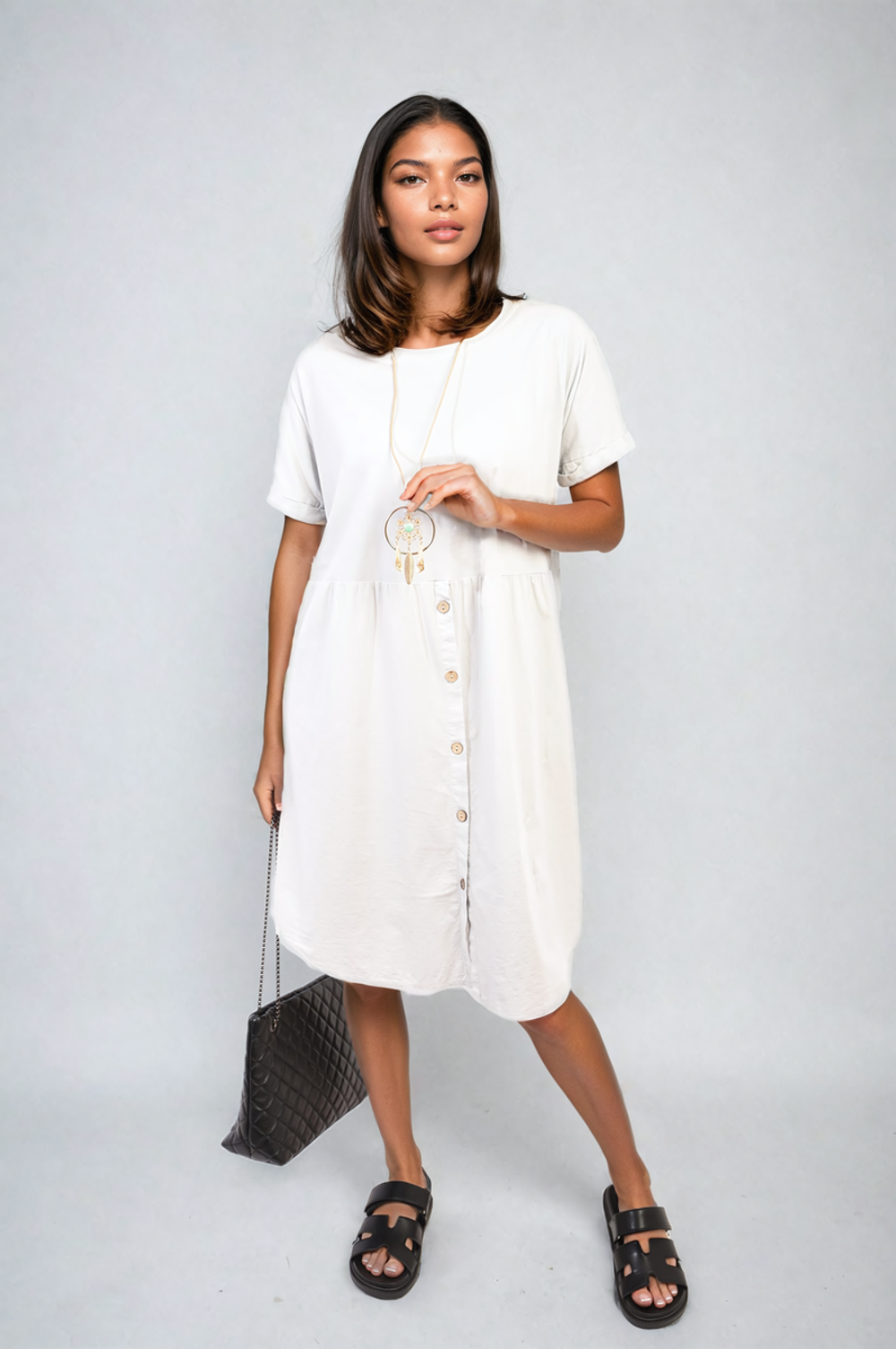 Short Sleeve Button Front Midi Dress - ML Black