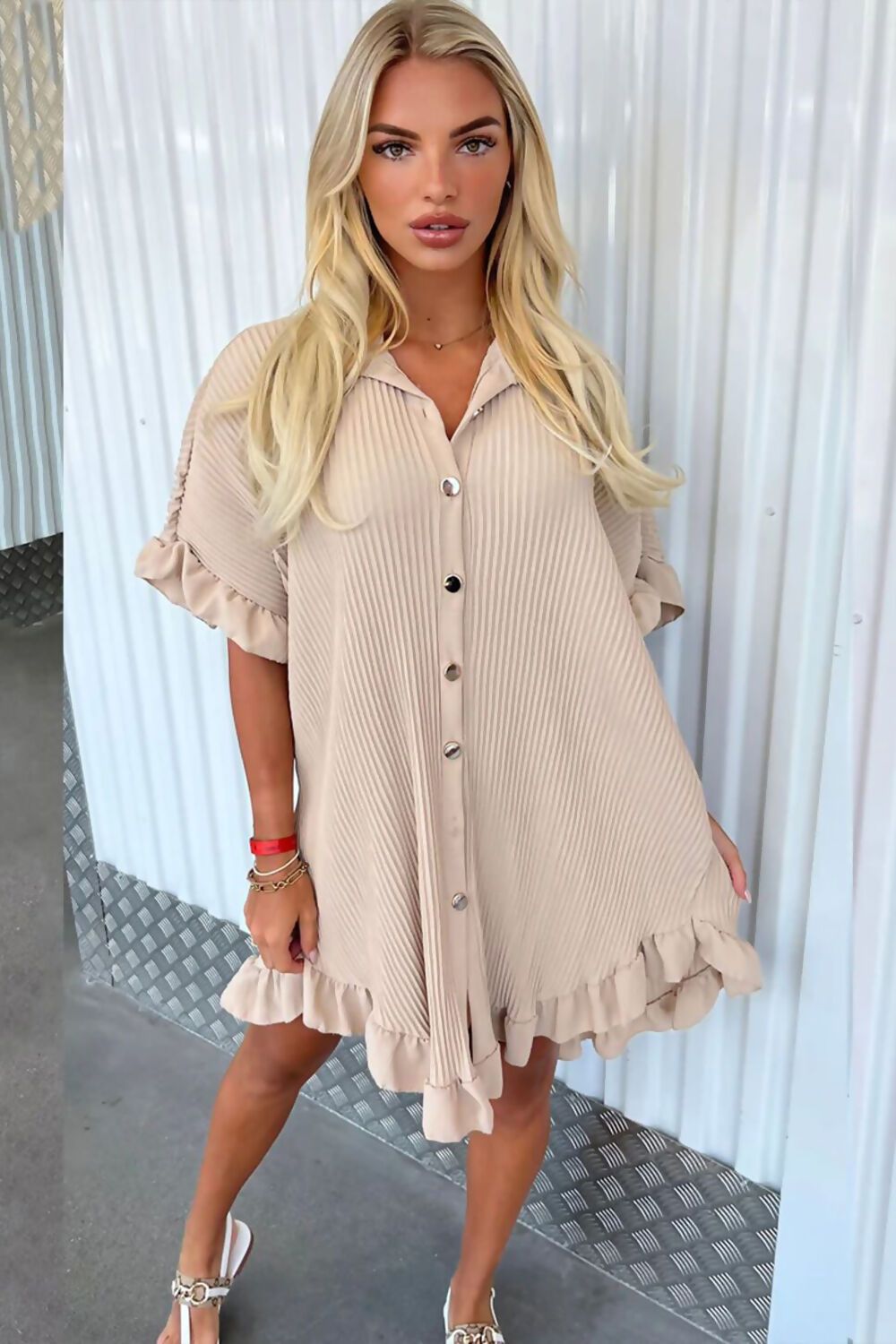 Ladies Pleated Dress - One Size- Beige