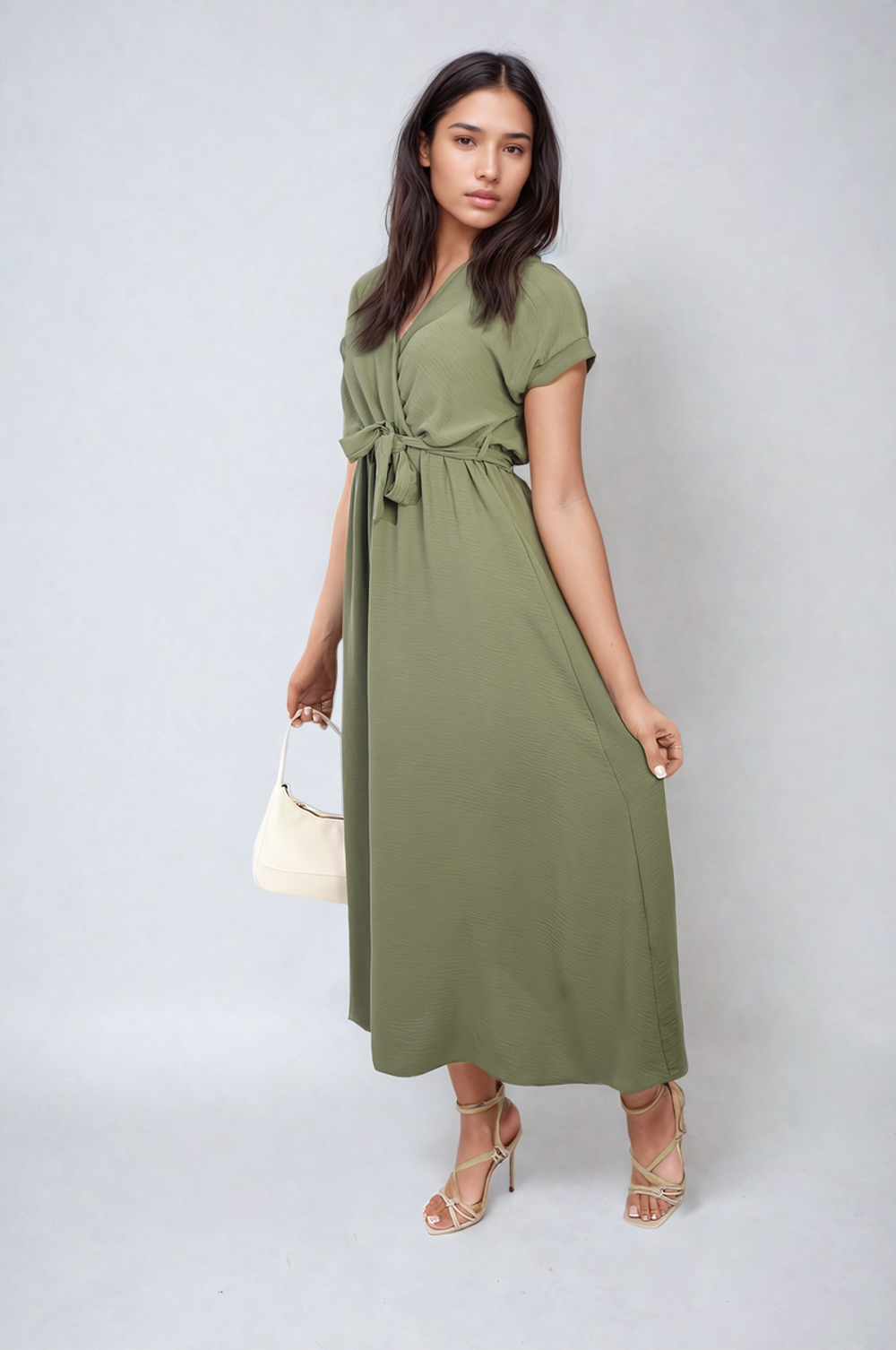 Francesca Wrap Tie Waist Short Sleeve Midi Dress - ML Khaki