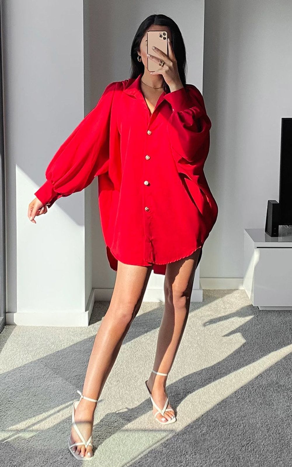 Stylish Button Down Balloon Sleeve Shirt Dress - Perfect for Summer - ML Red