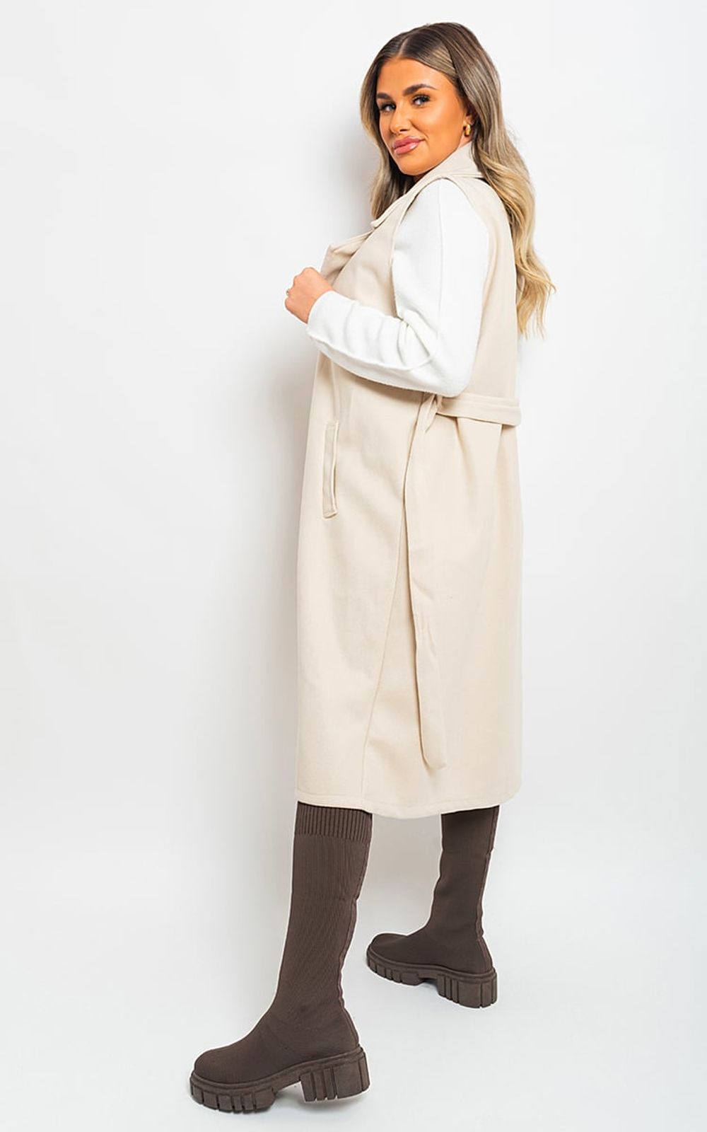 Lucy Longline Sleeveless Wide Lapel Waist Tie Jacket - ML Beige
