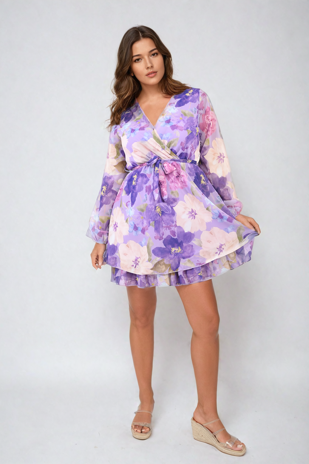 Floral Tie Front Tiered Mini Dress - SM Lilac