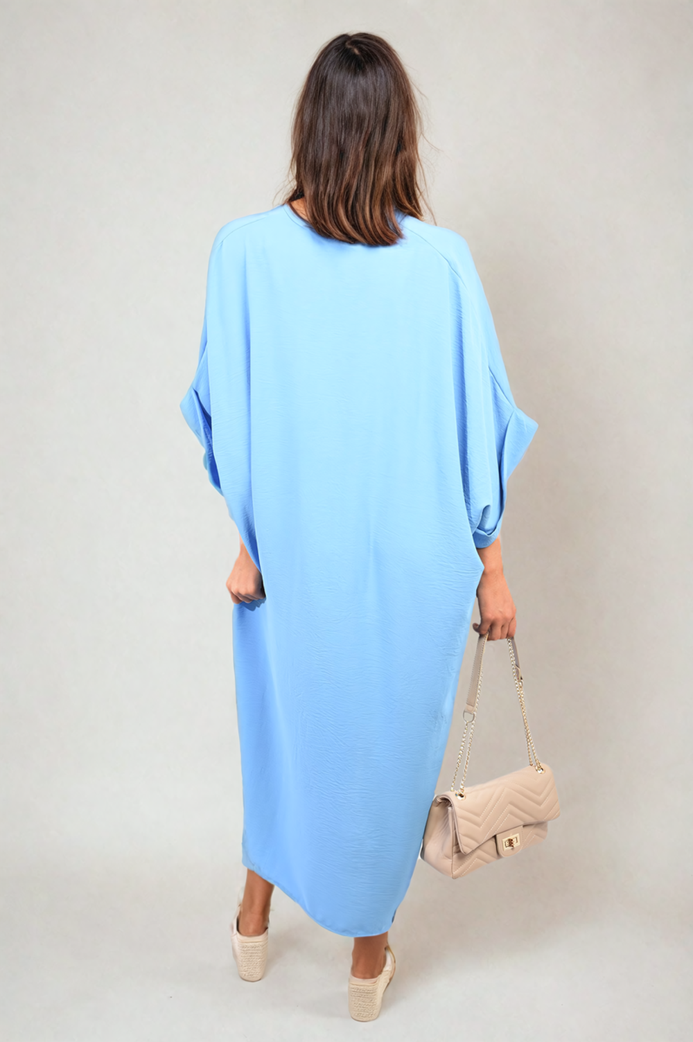Twist Front Plunge Neckline Relaxed Fit Midi Dress - ML SKY BLUE