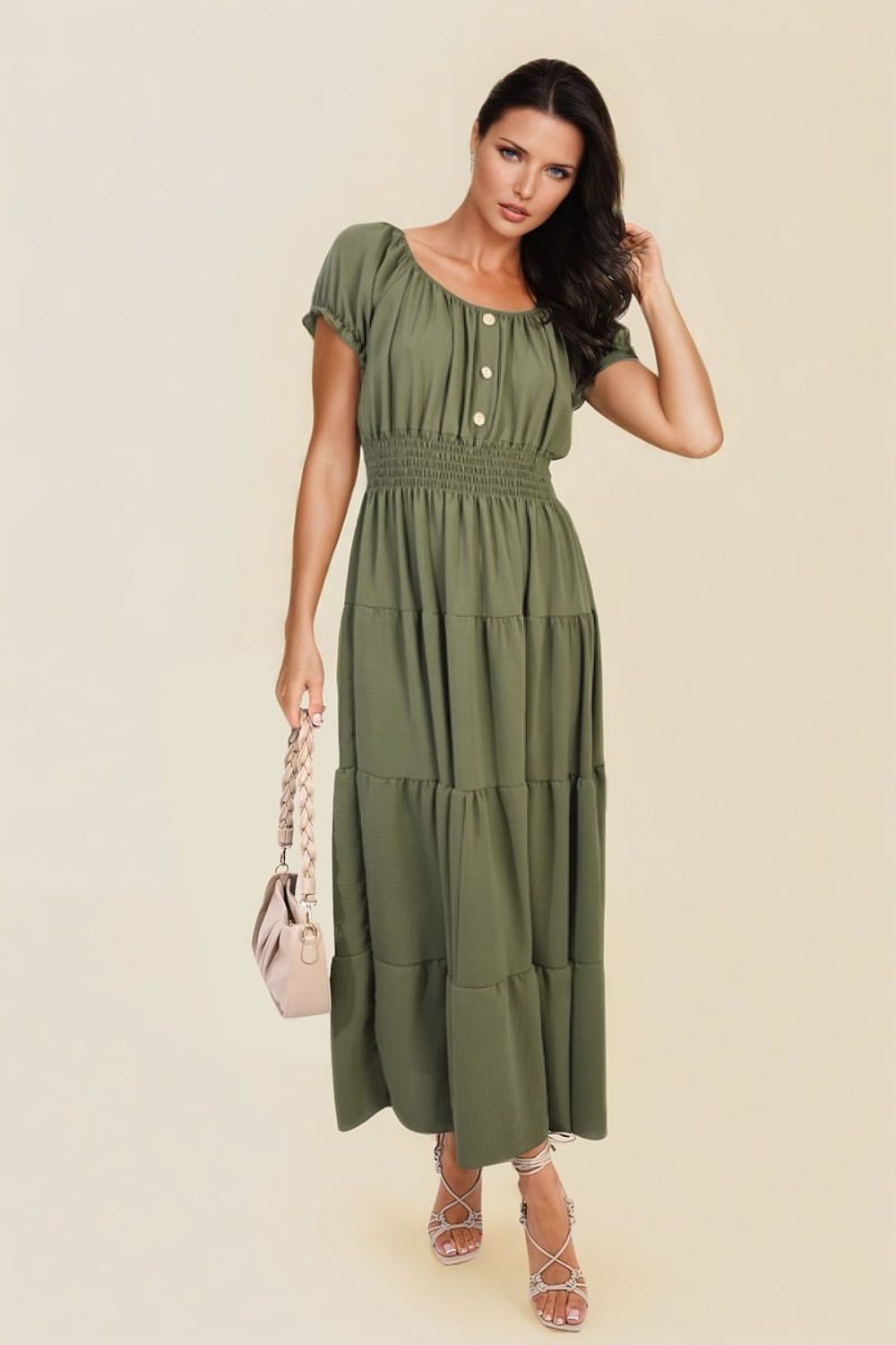 Emmy Smocked Waist Tiered Midi Dress - Elegant, Versatile, and Flattering Silhouette for Any Occasion - SM Khaki